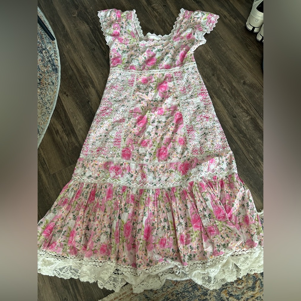 LoveShackFancy Pink Floral Midi Dress